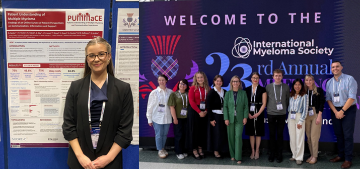 left- Rachel standing next to her poster; right - Rachel and other student bursary winners with UK Myeloma Society chair - Dr Rachel Hall